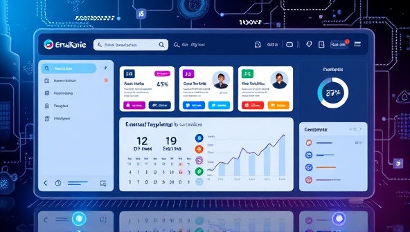 An intuitive email marketing dashboard displaying personalized email templates, customer segmentation data, and performance metrics, surrounded by a futuristic digital interface that symbolizes the AI-driven automation and customization features of EmailGenie.
