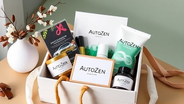 An elegant subscription box adorned with car-themed decorations and wellness products, symbolizing the monthly care packages offered by AutoZen Monthly Care, evoking a sense of luxury and convenience for customers.
