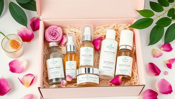 A beautifully designed PureEssence Delights subscription box showcasing a range of clean beauty products, adorned with fresh flower petals and green leaves, evoking a sense of natural purity and luxury in every box delivery.
