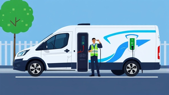 An illustration of a mobile charging van parked next to an electric vehicle, with a technician assisting in the charging process, showcasing the convenience and efficiency of the on-the-go charging service.