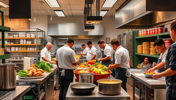 A dynamic and bustling shared kitchen space within Culinary Launchpad Hub, showcasing chefs and food entrepreneurs collaborating, cooking, and innovating in a professional and vibrant culinary environment, symbolizing creativity, growth, and culinary entrepreneurship within the hub.