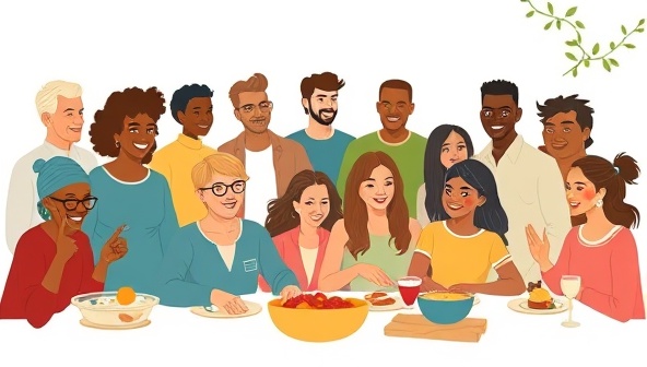 A supportive online community illustration showing diverse individuals sharing allergy-friendly recipes, dining experiences, and tips for managing food allergies, fostering a sense of inclusivity and understanding on the AllergySafeEats platform.