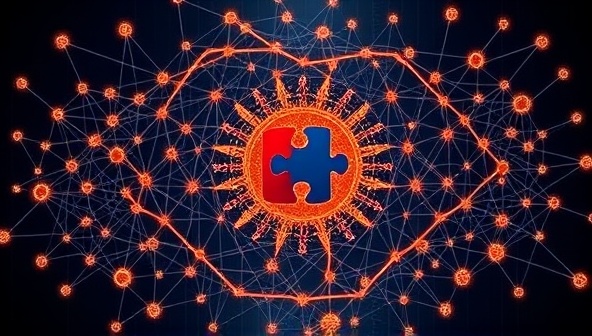 An intricate network diagram displaying the interconnected relationships between brands and influencers, visualizing the platform's advanced AI algorithms matching the right partners together for successful collaborations, overlaid with a puzzle piece icon symbolizing compatibility and connection.