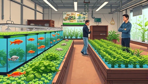An artistic depiction of an indoor aquaponic farm setup with tanks of fish, lush greenery growing in water beds, and members working together to maintain the sustainable ecosystem, illustrating the innovative and eco-friendly approach of AquaHarvest Collective in urban farming.