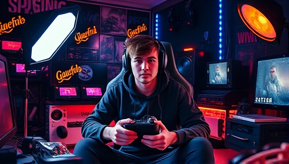A captivating visual of a virtual gaming photoshoot session where a player is surrounded by gaming accessories and memorabilia, with professional lighting and camera equipment capturing the scene, creating a visually stunning and immersive portrait of the gaming experience.