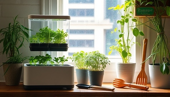 An urban oasis setup showcasing the CitySprout Farming Co. starter kit in action, with a mini hydroponic system, fresh herbs growing in a sunny window, and eco-friendly gardening tools, creating a lush and sustainable urban farming scene that inspires city dwellers to cultivate their green spaces.