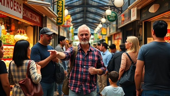 An enticing visual of a marketing tour guide leading a group of business owners through a bustling local market, pointing out key insights and opportunities, illustrating the concept of hyper-local marketing tours.