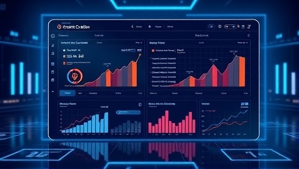 A futuristic interface displaying a sleek AI-powered content creation platform with dynamic graphs and charts showcasing content performance metrics, evoking innovation and efficiency.