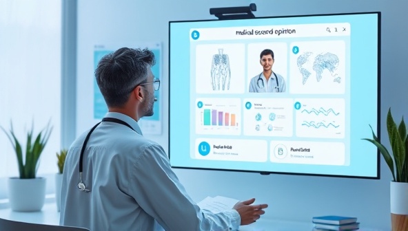 An interactive digital interface showing a user receiving a medical second opinion from a specialist through a virtual consultation, with medical charts and diagrams displayed on the screen, symbolizing expert advice and guidance.