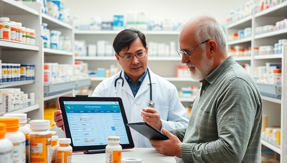 An image of a pharmacist engaging in a detailed consultation with a patient, surrounded by various medication containers and a digital tablet displaying personalized medication schedules, conveying professionalism and personalized care.