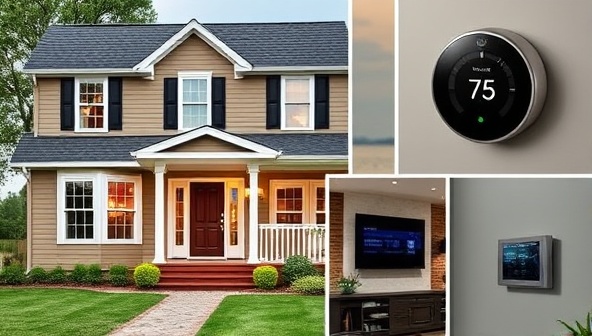 A collage of a traditional home exterior and an interior shot with smart home devices like a voice-controlled assistant, smart thermostat, and automated lighting, illustrating the seamless integration of technology into daily living.