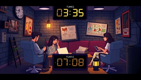 A digital illustration of a group of friends virtually solving puzzles and unraveling clues in a themed escape room setting on EscapeVerse, with animated elements and a countdown timer adding excitement to the gameplay.