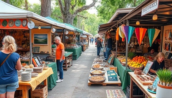 A vibrant artisan market setup with colorful stalls displaying handmade pottery, jewelry, paintings, baked goods, and fresh produce, bustling with shoppers exploring the unique offerings and engaging with artisans, celebrating local creativity.