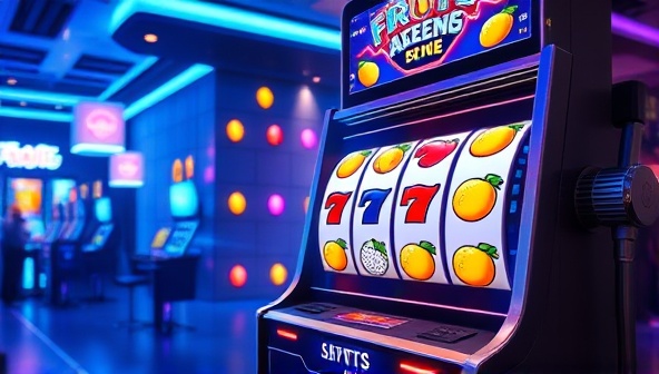 An AR-enhanced slot machine projecting vibrant digital fruits and symbols into the real-world environment, with animated jackpot animations popping out of the machine, creating an exciting and futuristic gambling experience for players to enjoy.