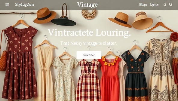An online vintage clothing platform homepage design featuring a curated selection of retro dresses, nostalgic accessories, and classic pieces from different fashion eras, creating a visual journey through the timeless allure of vintage style and fashion history.