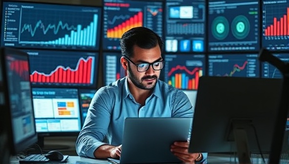 A digital marketing strategist analyzing data on multiple screens, surrounded by graphs, charts, and social media metrics, illustrating the complexity and efficiency of modern digital marketing strategies.