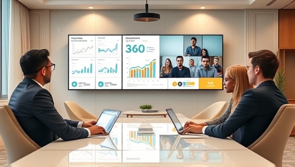An elegant virtual office setup with a digital dashboard displaying financial metrics and graphs, accompanied by a virtual CFO advising a group of diverse business owners via video conference, symbolizing remote financial guidance and collaboration.