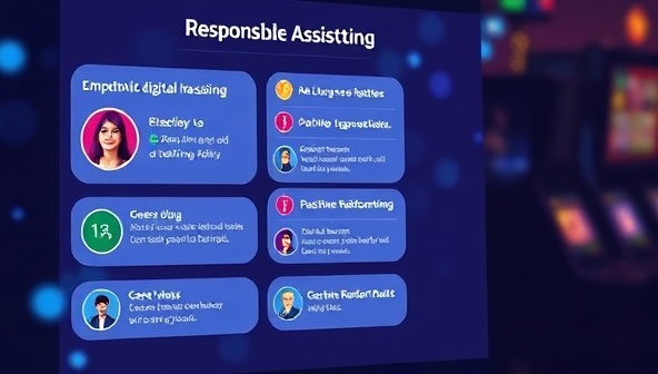 An empathetic digital assistant interface providing responsible gambling support and guidance to a user, displaying real-time data on betting habits, personalized suggestions for safe play, and positive reinforcement messages, creating a supportive and mindful gambling experience through the AI-enhanced platform in a visually engaging representation.