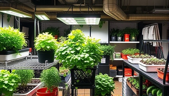 An urban oasis display showcasing a variety of indoor gardening setups with lush herbs, vegetables, and flowers thriving under grow lights, surrounded by shelves stocked with hydroponic systems and gardening tools, inviting customers to explore the possibilities of urban farming.