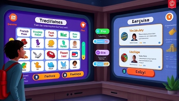 An interactive language learning game interface displaying a user engaging in vocabulary challenges and language exercises, with colorful visuals and engaging tasks that enhance language skills in an entertaining and immersive way, highlighting the educational and fun aspects of LingoQuest's subscription service.