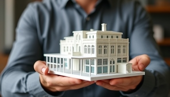 An architect holding a detailed 3D printed model of a building design, showcasing the intricate details and scale accuracy of architectural models produced through 3D printing technology, emphasizing the precision and craftsmanship of PrintedSpaces Creations.