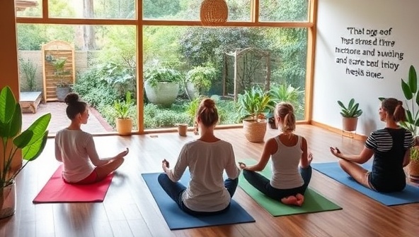 A tranquil retreat setting with teens practicing yoga on mats, meditating in a serene garden, engaging in mindfulness activities, and enjoying healthy snacks, surrounded by lush nature, calming decor, and inspirational quotes promoting self-care and mental wellness, creating a peaceful and rejuvenating retreat atmosphere.