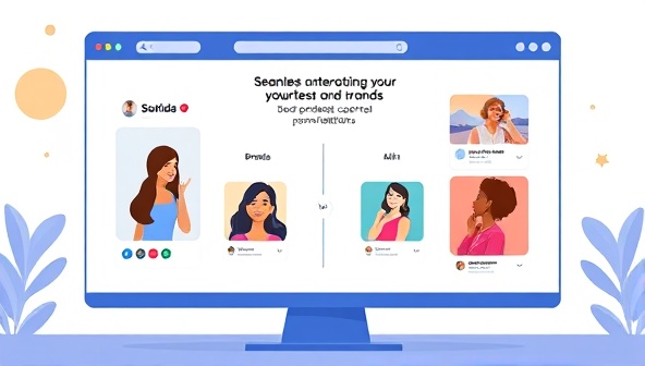 An illustration of a digital platform screen displaying a seamless matching process between influencers and brands, with vibrant visuals representing diverse content styles and audience demographics, conveying personalized connections.