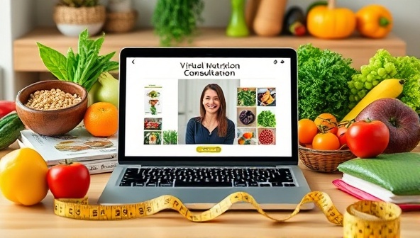 An inviting kitchen setting with fresh fruits and vegetables, a laptop displaying a virtual nutrition consultation, recipe books, and a measuring tape, conveying the essence of healthy eating and personalized nutrition guidance.