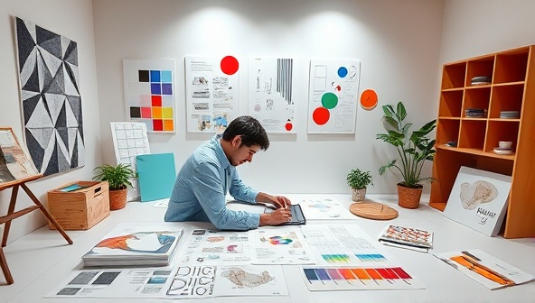 A virtual design studio setup with a designer working on a digital tablet, surrounded by color palettes, sketches, and design mock-ups, illustrating the creative process and visual storytelling capabilities of the consultancy in a modern virtual environment.