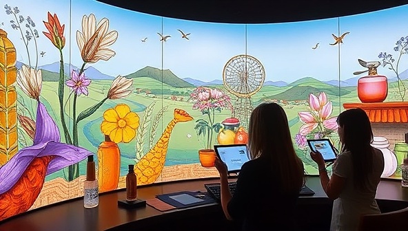 An immersive sensory experience showcasing AromaVista Tours' virtual scent discovery journey, featuring a digital landscape of aromatic ingredients, botanical illustrations, cultural artifacts, and scent vials, inviting participants to explore a world of scents and emotions through their screens.