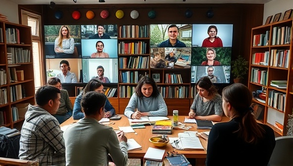 A virtual writing workshop setting with diverse participants engaged in a lively discussion, surrounded by books, notebooks, and digital devices, fostering a creative and collaborative atmosphere.