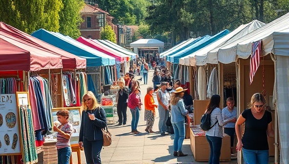 An outdoor pop-up marketplace scene filled with colorful tents and booths displaying handmade goods, bustling with shoppers exploring unique products and engaging with passionate artisans, creating a vibrant and lively atmosphere.