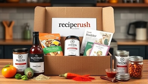 An enticing image of a RecipeRush subscription box, neatly arranged with labeled ingredients, recipe cards, and vibrant spices, conveying a sense of excitement and culinary exploration, set against a backdrop of a modern kitchen environment.