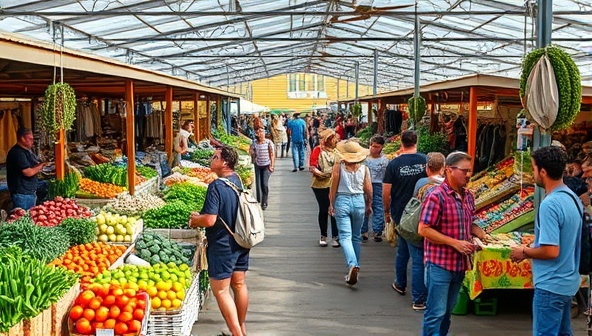 A bustling marketplace scene with farmers showcasing their fresh produce and products at colorful stalls, surrounded by eager customers browsing and sampling the local offerings, creating a vibrant and community-oriented atmosphere of farm-fresh goodness.