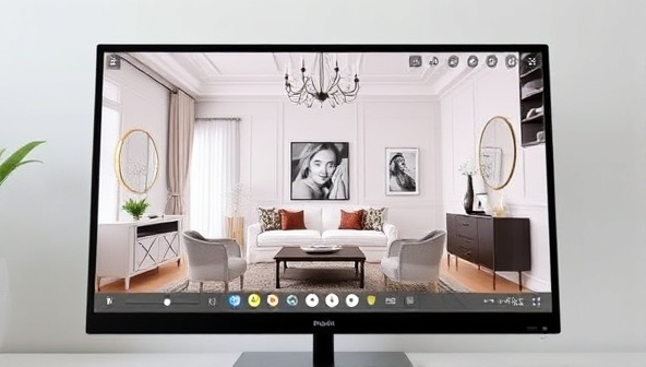An elegant virtual room design displayed on a computer screen, showcasing a beautifully curated living space with interactive elements for customization, conveying the convenience and creativity of virtual interior design services.