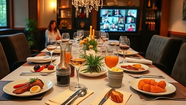 An inviting image of a beautifully set tasting table with a variety of gourmet food samples, accompanied by tasting notes and a virtual event host engaging with a diverse group of participants via video conferencing, conveying the immersive and educational nature of the tasting experience.