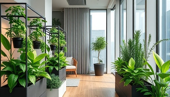 An artistic representation of a modern urban apartment with lush green plants growing in stylish indoor garden kits, creating a harmonious blend of nature and contemporary living.
