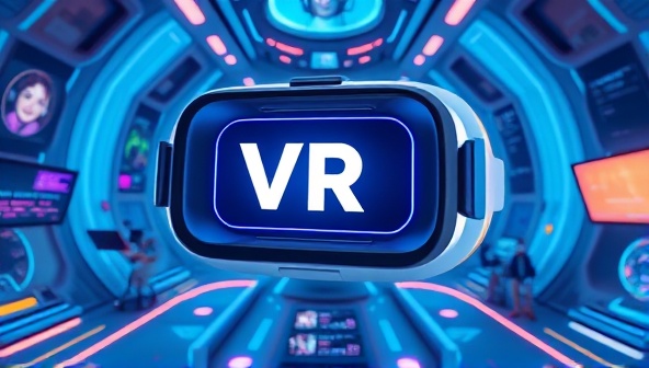 An immersive VR environment featuring a brand logo floating in a futuristic digital landscape, surrounded by interactive elements and engaging visuals, illustrating the potential of VR brand experiences in a virtual world.