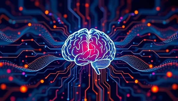 An abstract representation of data streams merging into a central AI brain, symbolizing the platform's ability to process and analyze complex marketing data for actionable insights.