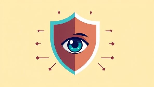 An illustration of a digital shield protecting personal information and online accounts, with a vigilant eye symbolizing the monitoring and protection services offered by SafeGuardID, highlighting security and peace of mind.