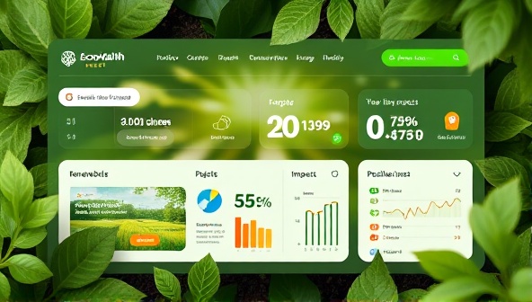 An eco-friendly themed digital interface on the EcoWealth Invest platform showcasing sustainable investment options, renewable energy projects, and positive impact indicators, surrounded by nature-inspired elements like leaves and trees, conveying a sense of purpose and environmental stewardship in investing.