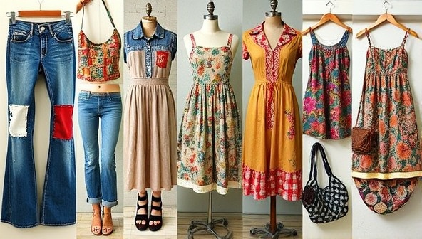 An artistic collage of upcycled fashion items like patchwork denim jeans, repurposed fabric dresses, and accessorized bags created from recycled materials, showcasing the creativity and sustainability of ReThreaded's fashion marketplace.