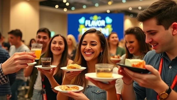 An engaging virtual taste testing setup with participants holding up sample trays, tasting different foods and beverages, with expressions of delight and surprise, capturing the essence of FlavorFusion's interactive and sensory-driven events.
