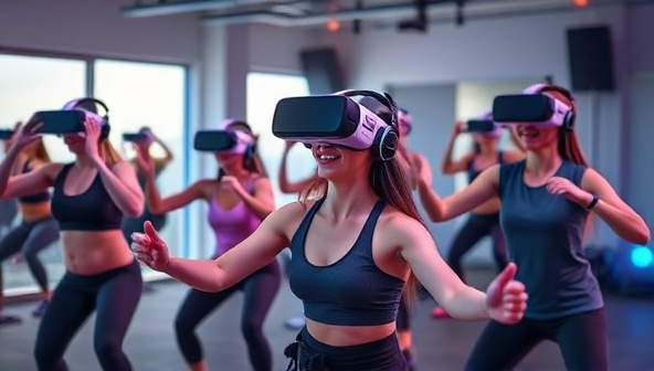 An energetic virtual reality fitness session with users wearing VR headsets, engaging in dynamic workouts, and receiving real-time feedback on their performance, creating an immersive and motivating fitness experience in a digital environment.