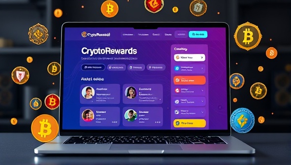 An interactive and colorful representation of the CryptoRewards platform interface on a laptop screen, with users engaging in various online tasks and earning digital currencies, surrounded by virtual badges and rewards, creating an engaging and rewarding online environment.
