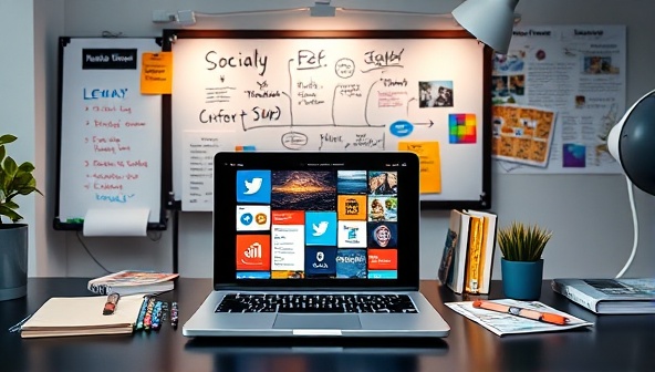 A modern and sleek workspace with a laptop displaying various social media platforms, surrounded by vibrant marketing materials and a brainstorming whiteboard, exuding creativity and innovation.
