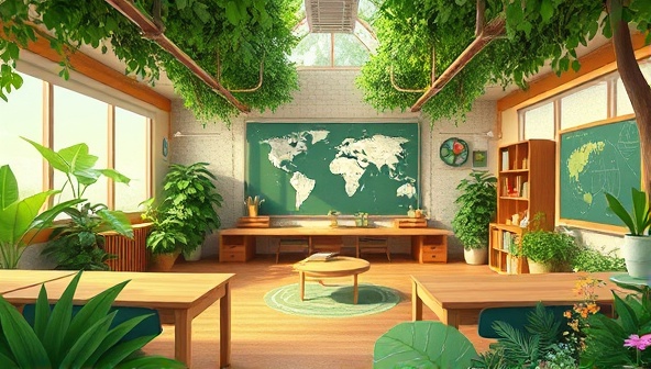 An inspiring and nature-themed digital illustration showcasing a virtual eco-classroom setting with lush greenery, wildlife, and eco-friendly elements, symbolizing the educational and immersive experience offered by EcoEd Global for environmental learning and conservation efforts.