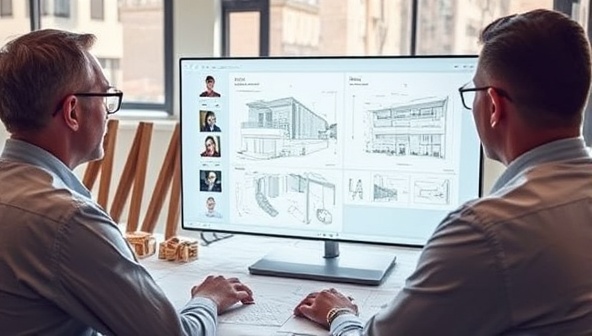 An architect conducting a virtual consultation with a client, sharing design sketches and architectural plans on a digital screen, with a backdrop of creative tools and architectural models, symbolizing innovation and collaboration in architecture, as seen in ArchVisionary.