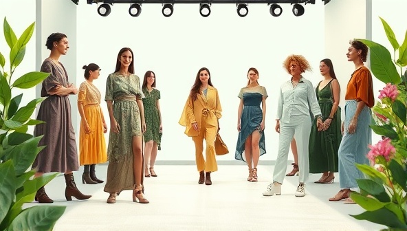 An artistic visualization of a virtual sustainable fashion runway showcasing eco-friendly clothing and accessories, surrounded by nature-inspired elements like leaves and flowers, conveying a harmonious blend of fashion and sustainability.