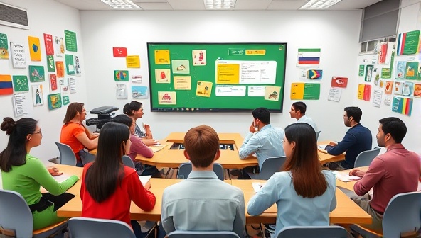 An interactive virtual language classroom scene with avatars representing different cultures and languages engaging in language exercises and conversation practice, fostering a dynamic and multicultural learning environment for LinguaLink Hub subscribers.